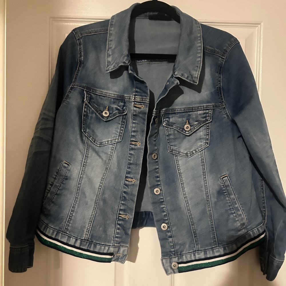 INC International Concepts Blue Denim Jacket with Green Trim